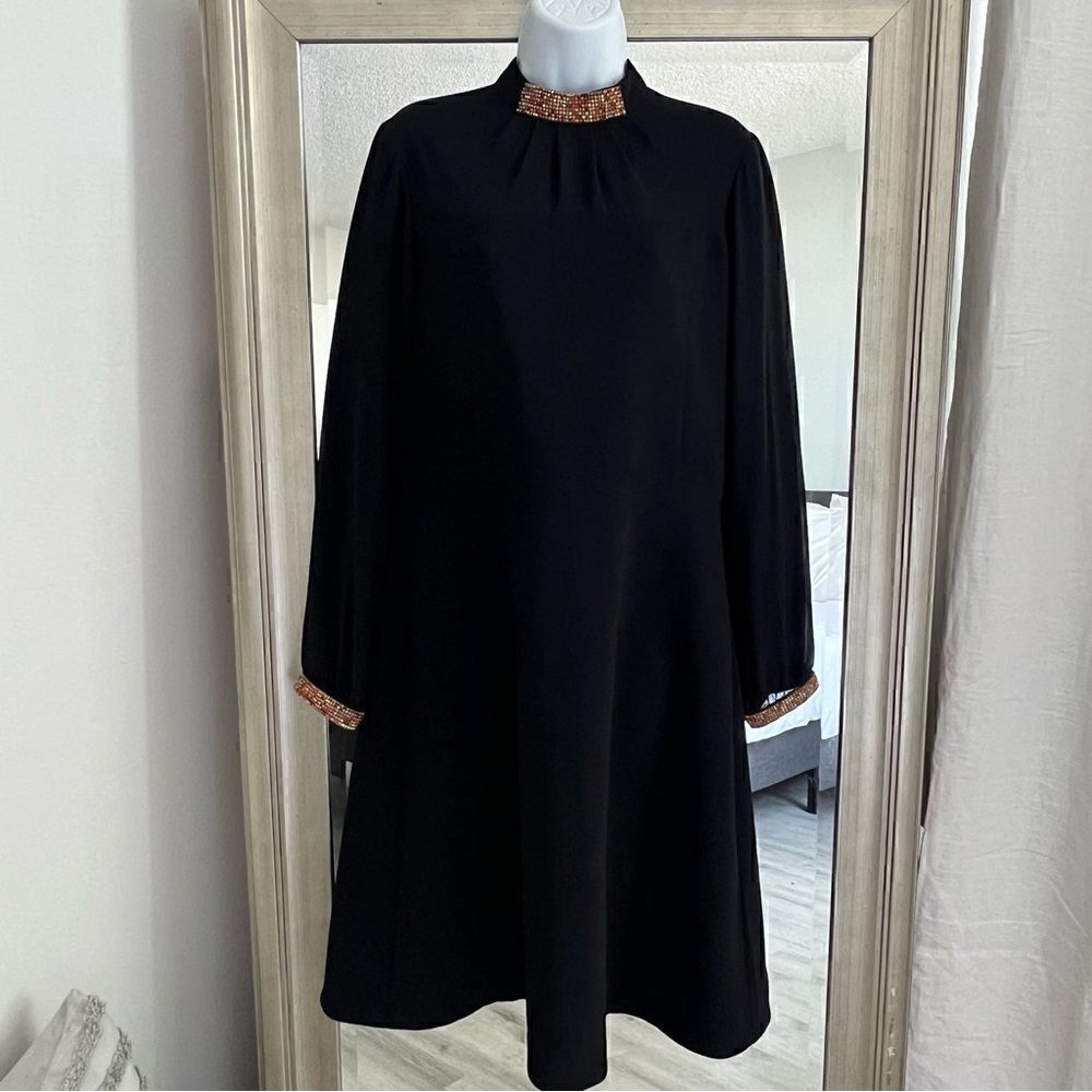 C&M Collection Black Midi Dress Funnel Crystal Color Neck Size 44 European
